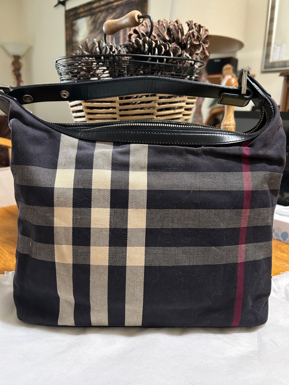 Burberry Canvas Classic Plaid Shoulder Bag in Black and Beige with Red Stripe